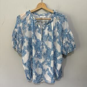 Current Air Blouse Womens Medium Blue Printed Jacquard Split Neck Euro Summer